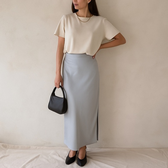NWOT House of Harlow 1960 Pale Grey Minimalist Satin Maxi Skirt M - Picture 1 of 13
